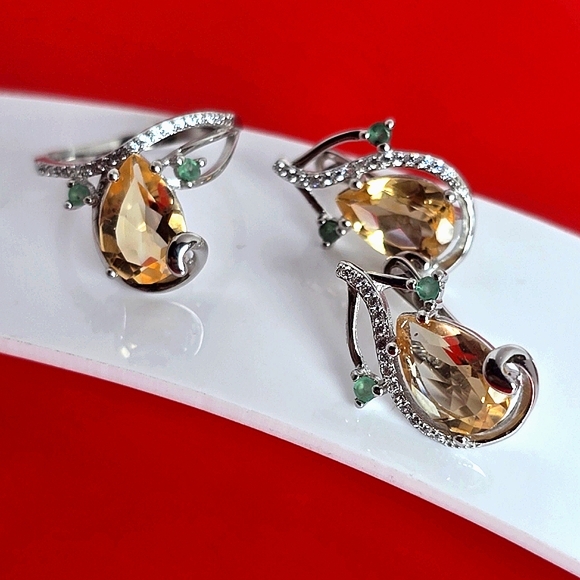 Natural Citrine & Emerald 925 Sterling Silver Set of Ring (Sz 8) & Earrings. - Picture 2 of 12